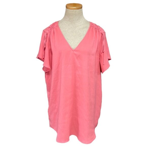 Ann Taylor Blouse V-Neck Synched Shoulders Bubble Gum Pink Size Large L - Picture 1 of 16